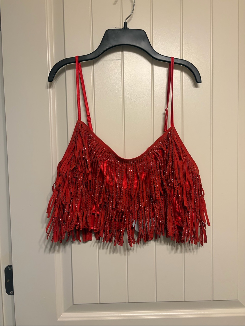Red Fringe Satin Crop Top - Spaghetti Strap